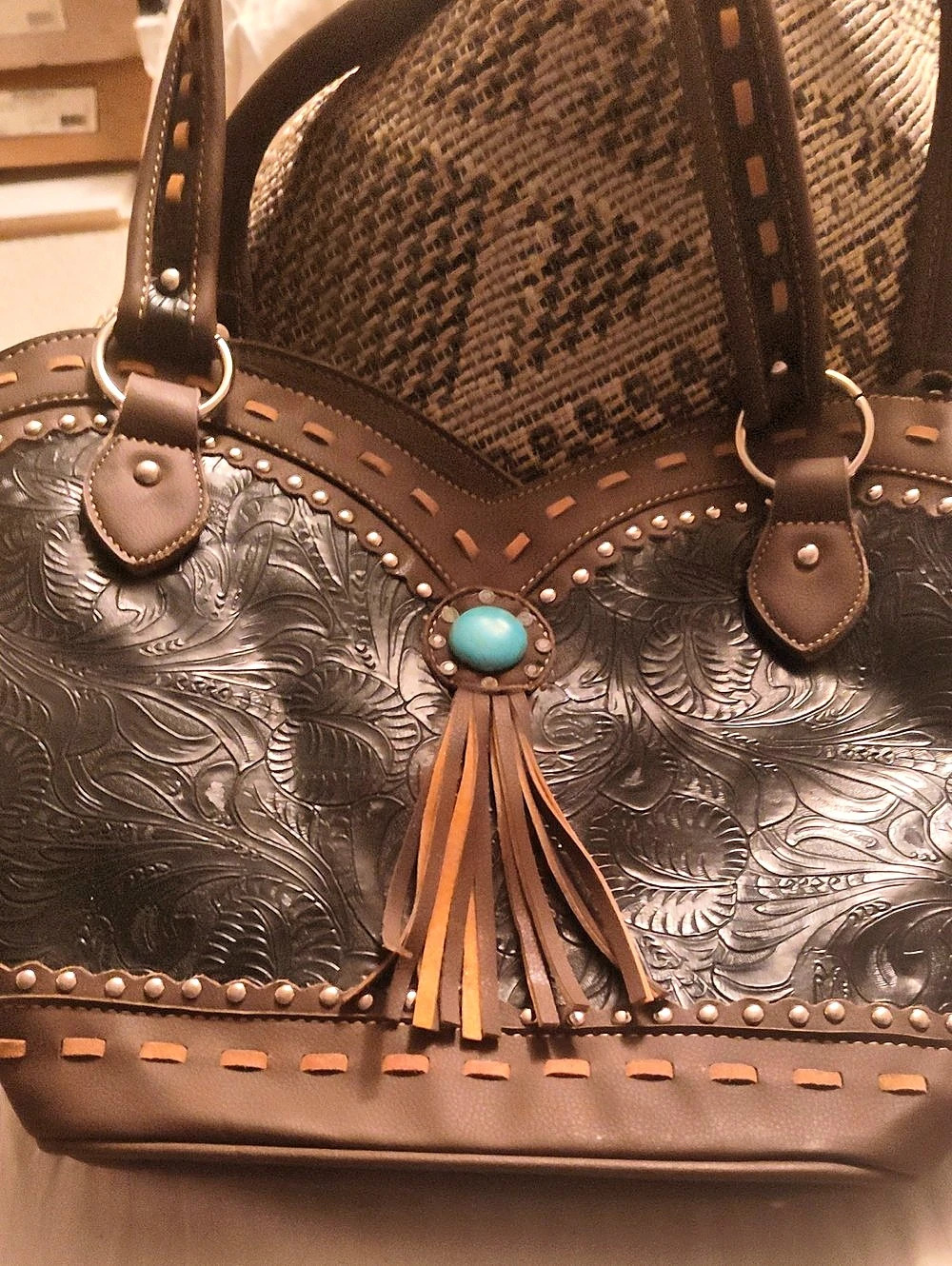 Montana West Tooled Floral Turquoise Chain Shoulder Crossbody Bag Tote Brown &